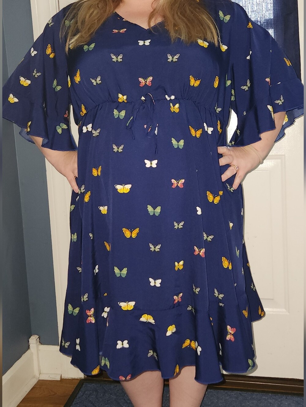 Navy Butterfly Print Tie-Waist Dress 4XL. Fun To Wear.